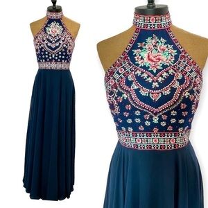 Loviera Navy Blue Embroidered jeweled Formal Dress multilayer full skirt Size 6 